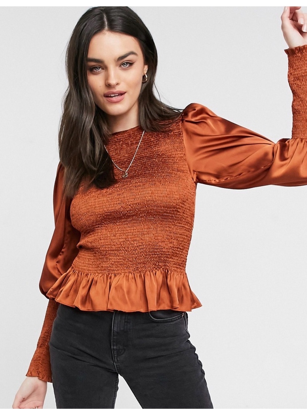 ASOS Copper Satin Smocked Peplum Blouse Top Long Bishop Puff Sleeve Size 4